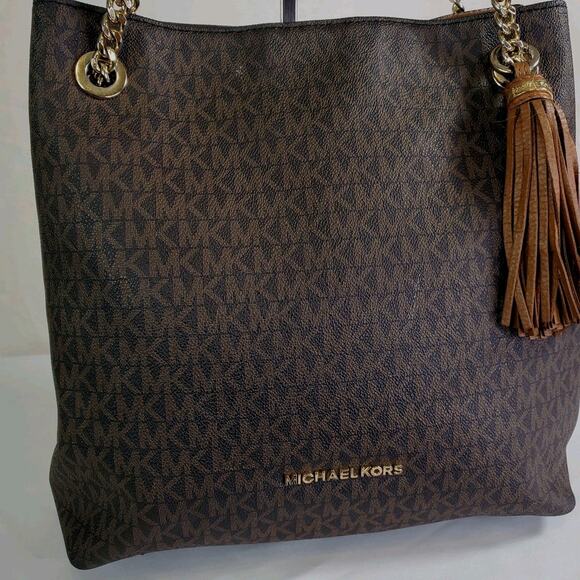 Michael Kors Jet Set Tassel Chain Tote MK Signature Brown Leather Shoulder Bag - Picture 2 of 16